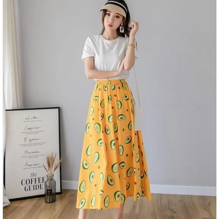 Set Áo Thun Ngắn Tay Và Chân Váy Dài Họa Tiết Trái Bơ Thời Trang Dành Cho Nữ单件/两件套风小清新T恤牛油果印花长款大摆半身裙套装长裙女