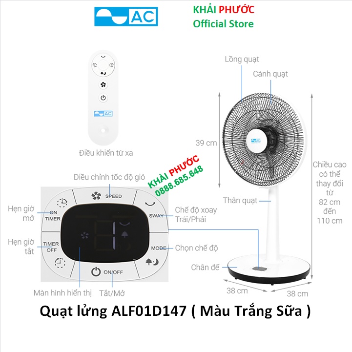 Quạt điện lửng AC ALF01D147 ALFO1D147 Màu Trắng Sữa động cơ DC Có Remote Màn hình LCD hiển thị - Khải Phước Electric