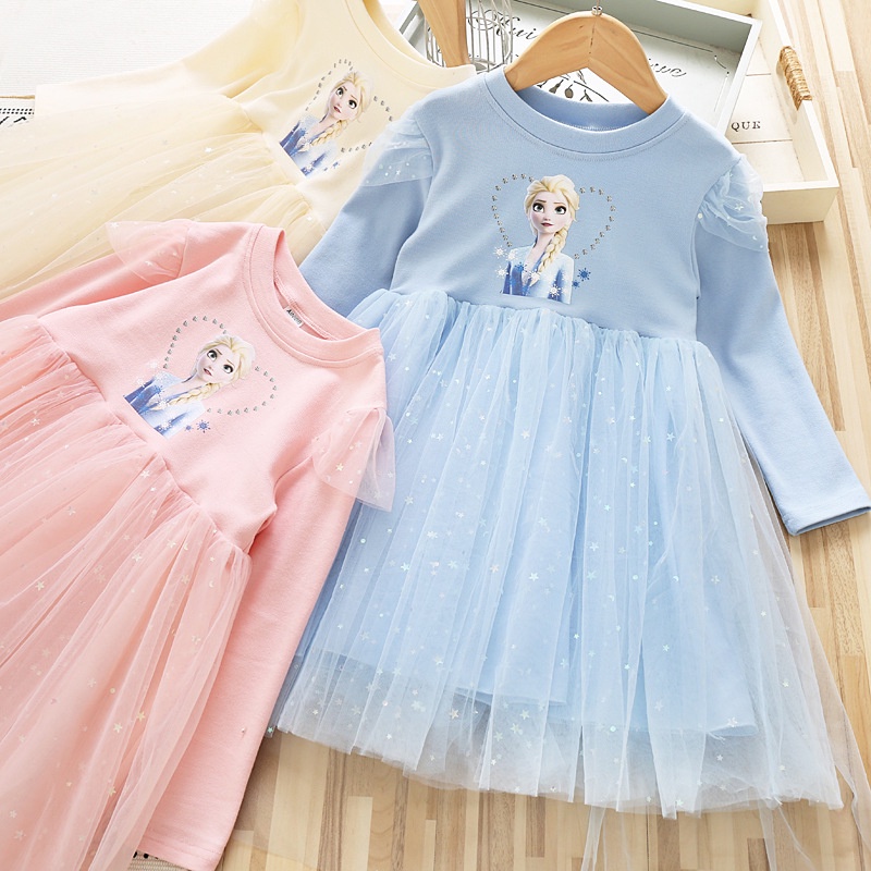 Đầm Công Chúa Elsa Tay Dài Chất Cotton Thời Trang Thu Đông 2021 Dễ Thương Cho Bé Gái ZYK5