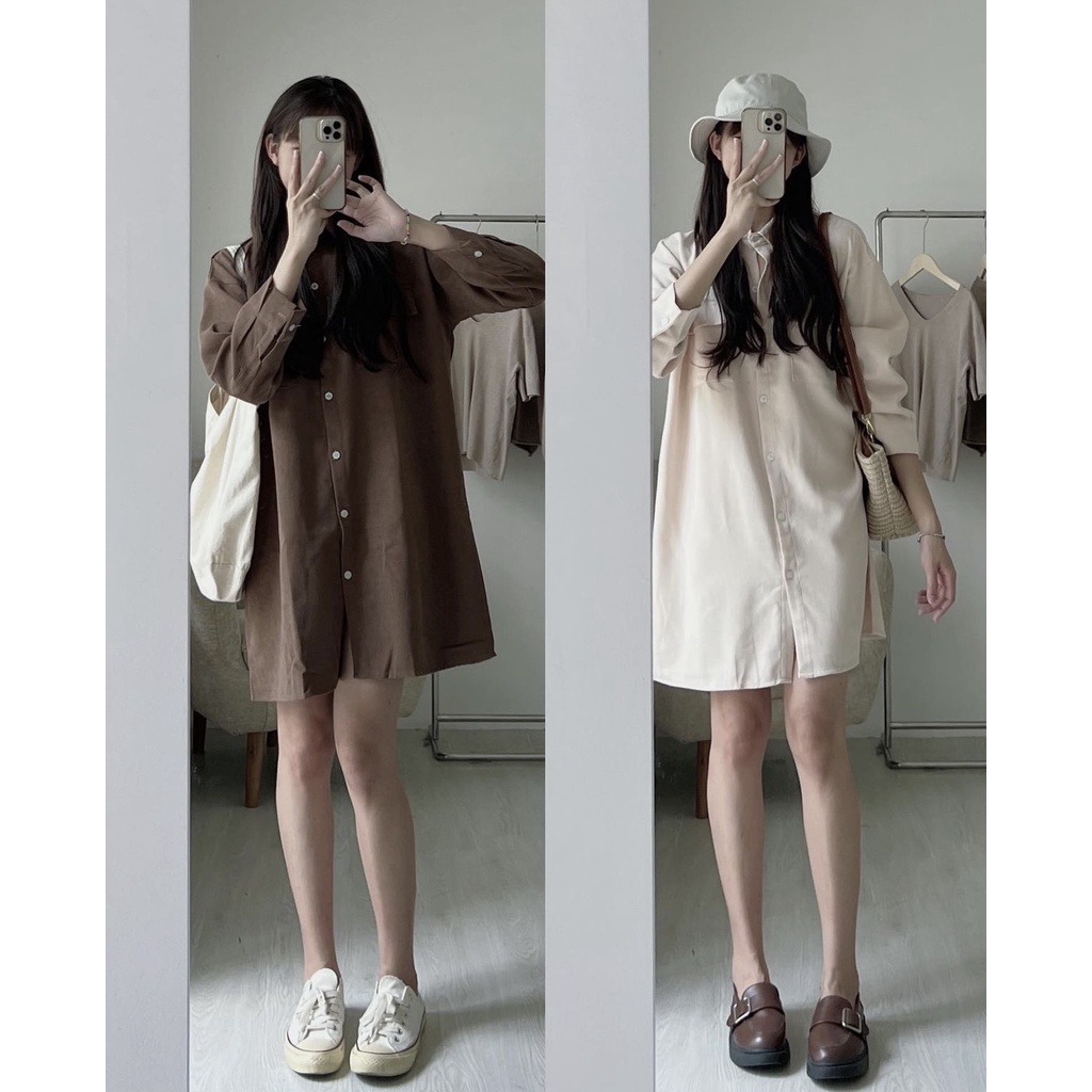 [Ảnh thật/Sẵn] Váy sơ mi trơn basic dáng suông chất nhung tăm dài tay form rộng oversize
