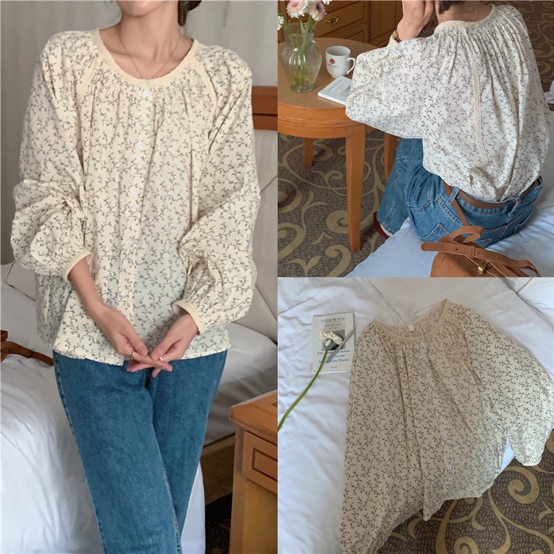 Áo sơ mi SUXI tay dài dáng rộng họa tiết hoa cổ điển phong cách Hàn Quốc thời trang dành cho nữ