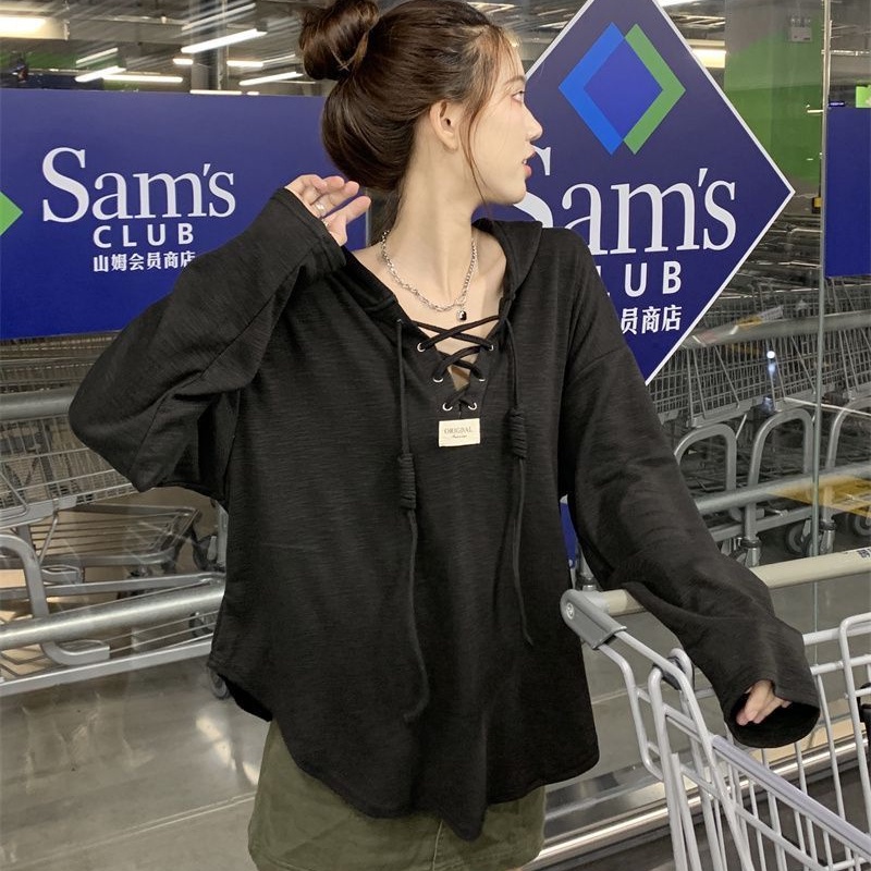 Áo thun COZOKC tay dài có mũ trùm đầu dáng rộng thời trang