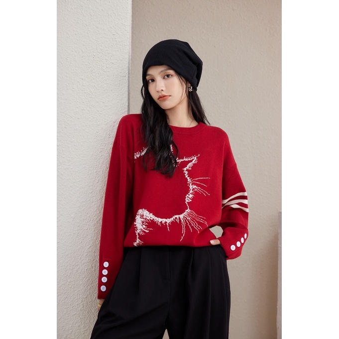 ZHELIHANGFEI Áo Dệt Kim Tay Dài Dáng Rộng In Hình Mèo Dễ Phối Đồ