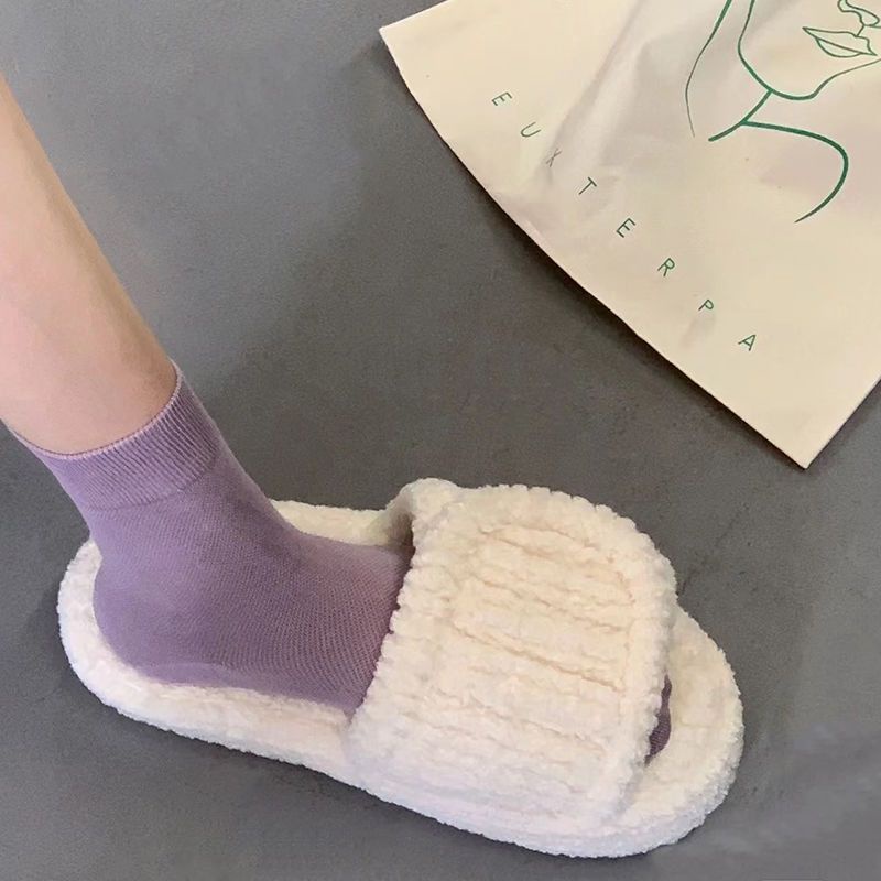 Dép Quai Ngang Đế Xuồng Quai Dán Lông Xù Thời Trang Dành Cho Nữ