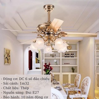   Tặng Móc An Toàn-Bóng Điện Quạt trần đèn chùm tân cổ,quạt đảo chiều 6 tốc độ gió siêu mát cho phòng khách,ngủ,spa,cafe 