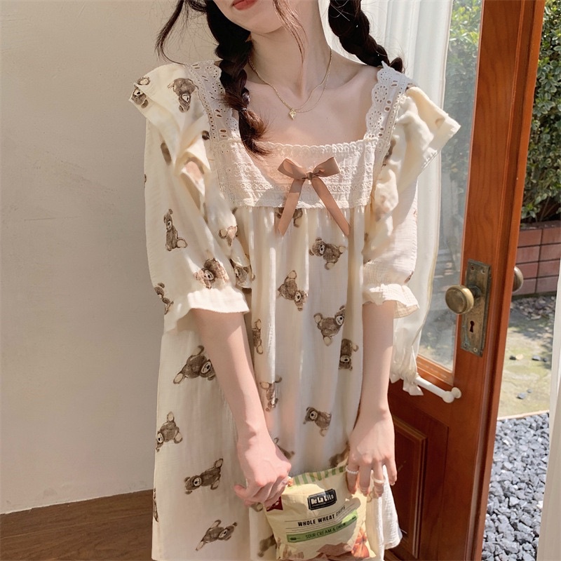 Đầm Ngủ Công Chúa Phối Ren Nơ Hoạ Tiết Gấu Nâu Siêu Dễ Thương