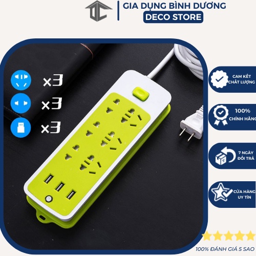 Ổ cắm điện có cổng USB màu xanh - Chống giật - Hình chữ nhật (6 ổ cắm - 3 ổ usb)