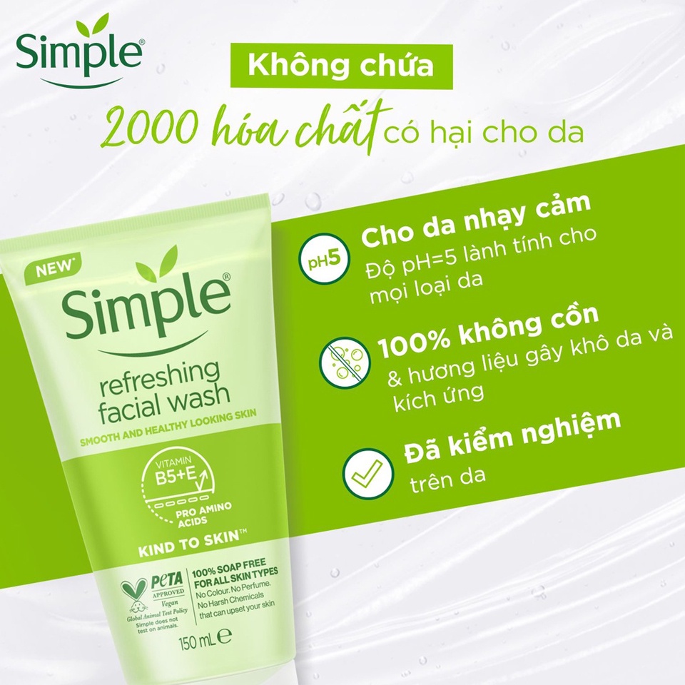 Sữa rửa mặt Simple Refreshing Facial Wash 150ml, dạng Gel dành cho mọi loại da