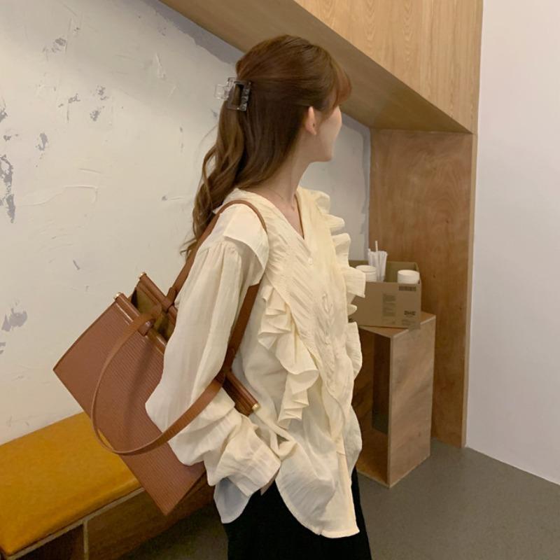 Áo Sơ Mi Trơn Tay Dài Cổ Chữ V Thời Trang Dành Cho Nữ