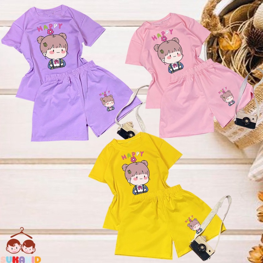 ( Km ) Combo 3 Đồ bộ ngắn tay bộ bé gái hinh bé gái happy cành hoa cho be từ 6kg-29kg.BDBG62.