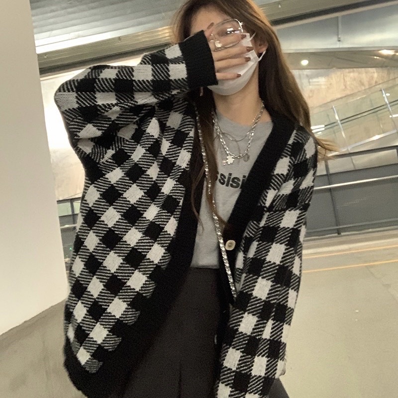 Áo khoác Len Nữ dáng dài, Cardigan len nữ kẻ ô dài ngang mông freesize 40-65kg