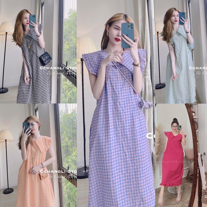 Váy suông dáng dài kẻ caro cổ bèo nhiều màu hot hit, đầm suông kẻ caro form rộng bầu bí thoải mái, Free size