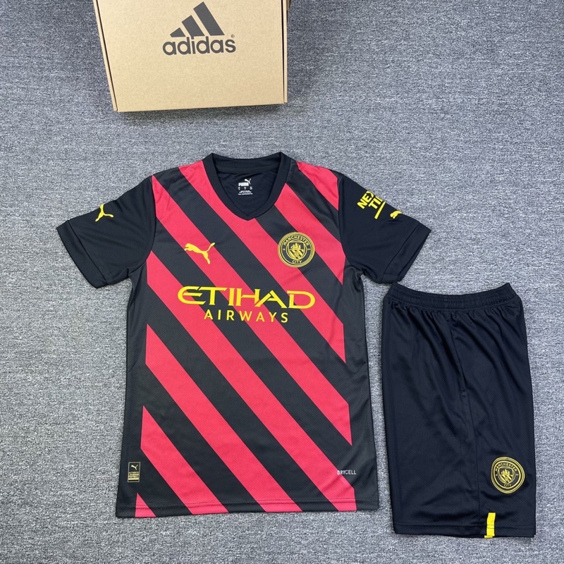 Quần áo bóng đá,đá banh clb Manchester City sân khách-set áo quần đá bóng man city đỏ đen chất vải cao cấp aobonda999.vn