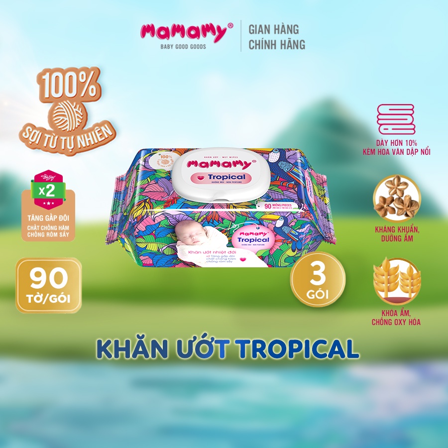 Combo 3 Khăn giấy ướt 100% sợi tự nhiên và rayon Mamamy Tropical Tinh dầu cúc vạn thọ/Không mùi 90 tờ