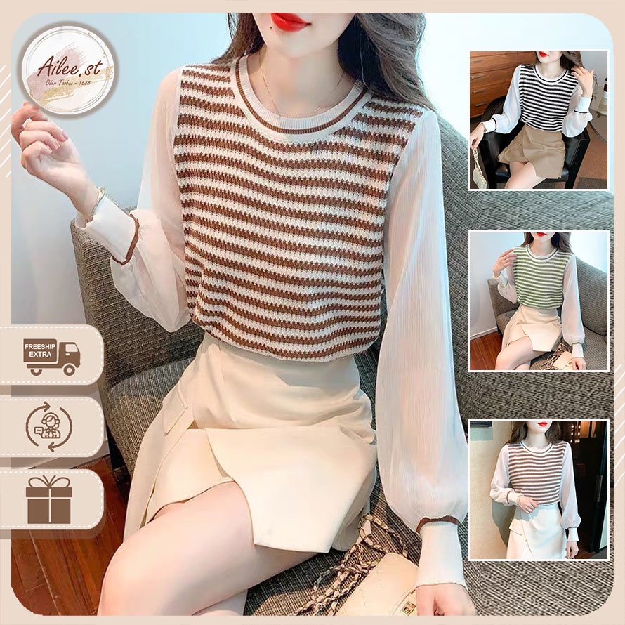 Áo Len Kẻ Cổ Tròn Dài Tay Von Voan Bo Gấu Zic Zắc Kẻ Ngang Style Hàn Quốc Viền Cổ Phong Cách Ulzzang Ailee AO NU 003A1