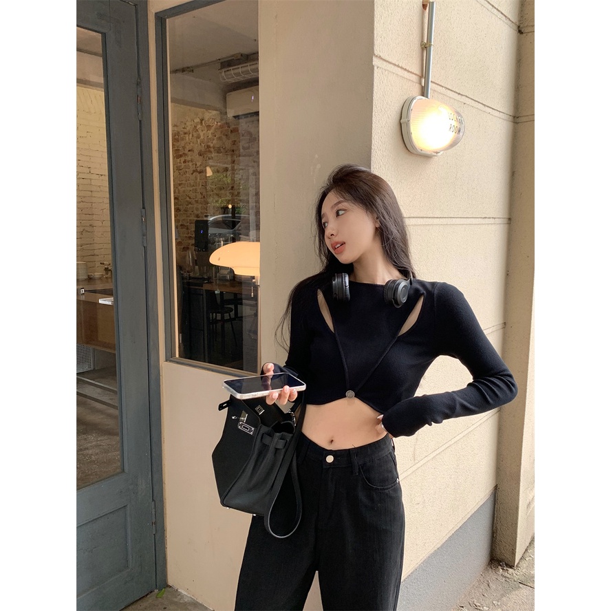 Áo dệt kim ZHELIHANGFEI tay dài hở eo phong cách trẻ trung thời trang quyến rũ cho nữ