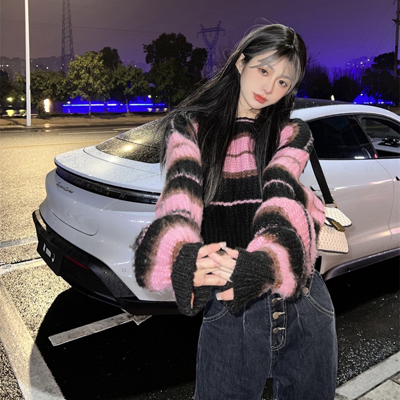 QADCOL Áo sweater Dệt Kim Tay Ngắn Dáng Rộng Họa Tiết Kẻ Sọc Thời Trang Hàn Quốc Cho Nữ