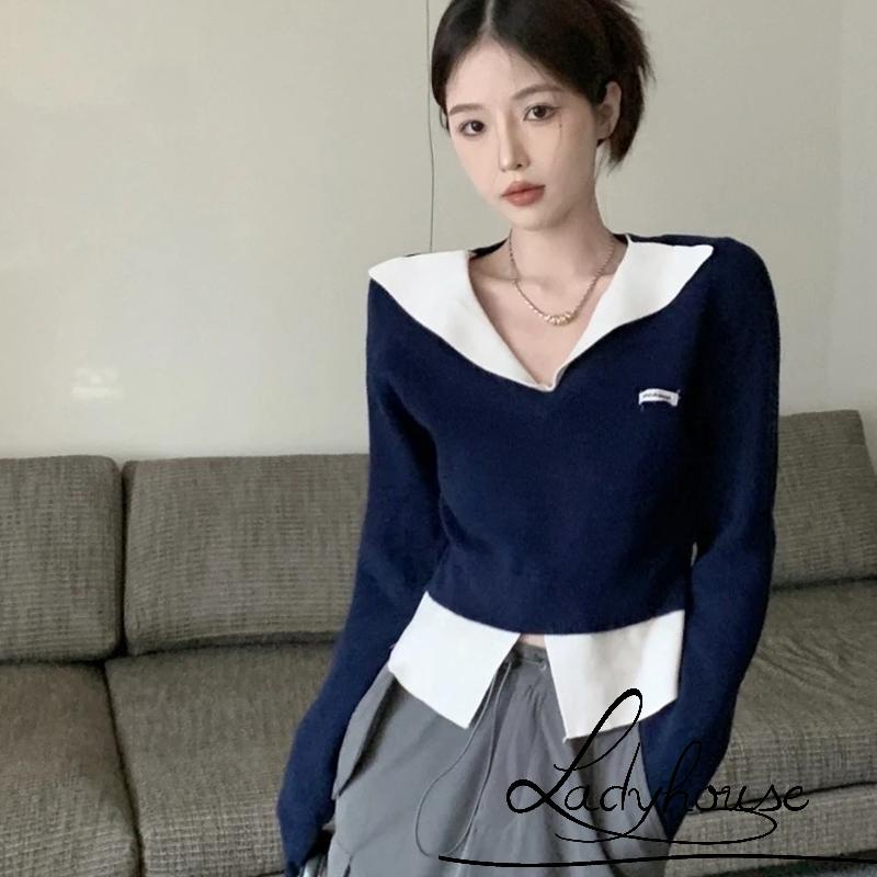 Áo Thun Dệt Kim Mỏng Tay Dài Cổ Chữ V Màu Sắc Tương Phản Cho Nữ