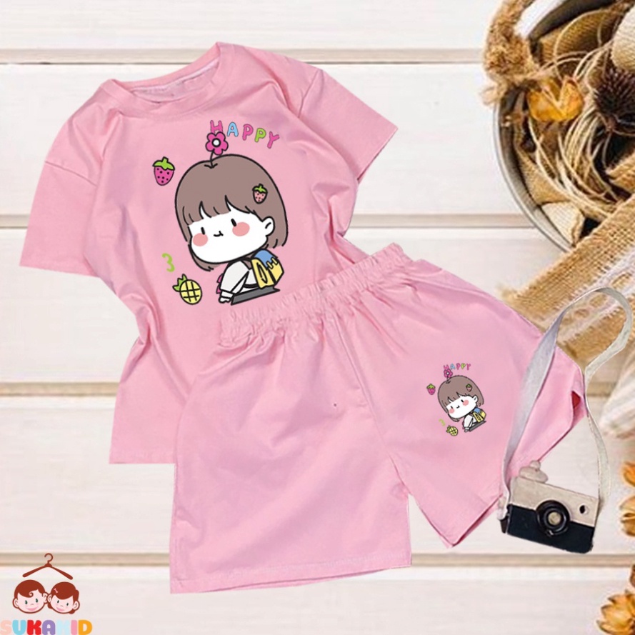 ( Km ) Combo 3 Đồ bộ ngắn tay bộ bé gái hinh bé gái happy trái dâu, thơm cho be từ 6kg-29kg.BDBG61.
