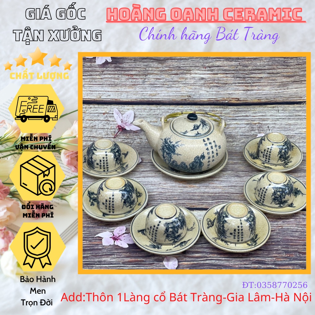 (CHỌN MẪU)Ấm chén men rạn cổ Bát Tràng-bộ Trúc Lâm Thất Hiền, bộ Cổ Tự dưới gốc cây Tùng,bộ Nhị Cảnh Sơn Thuỷ quai đồng