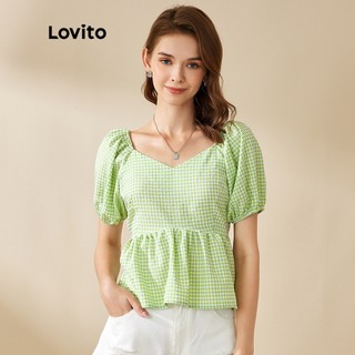 Lovito Thường Gingham Puff Sleeve Plicated Sweetheart Blouses L20D1283