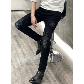 Mẫu quần biker jeans đen gối pha da 1/2