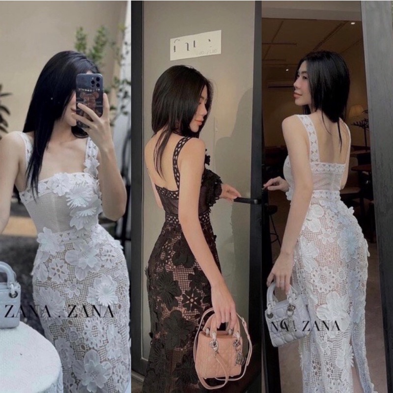ĐẦM REN HOA NỔI ( Màu: trắng, đen)