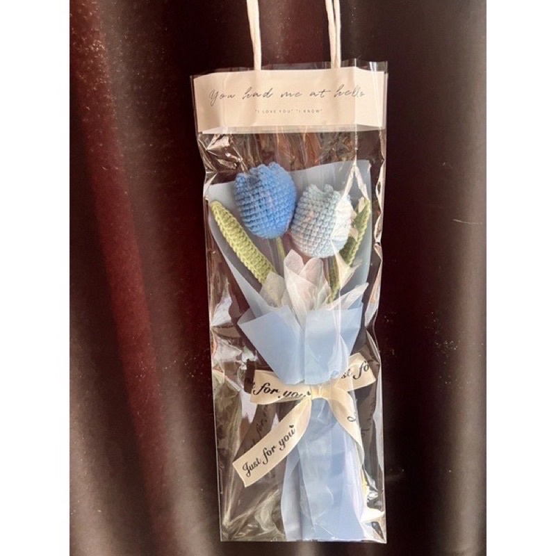 Bó 2 bông hoa tulip len handmade tặng kèm túi trong suốt