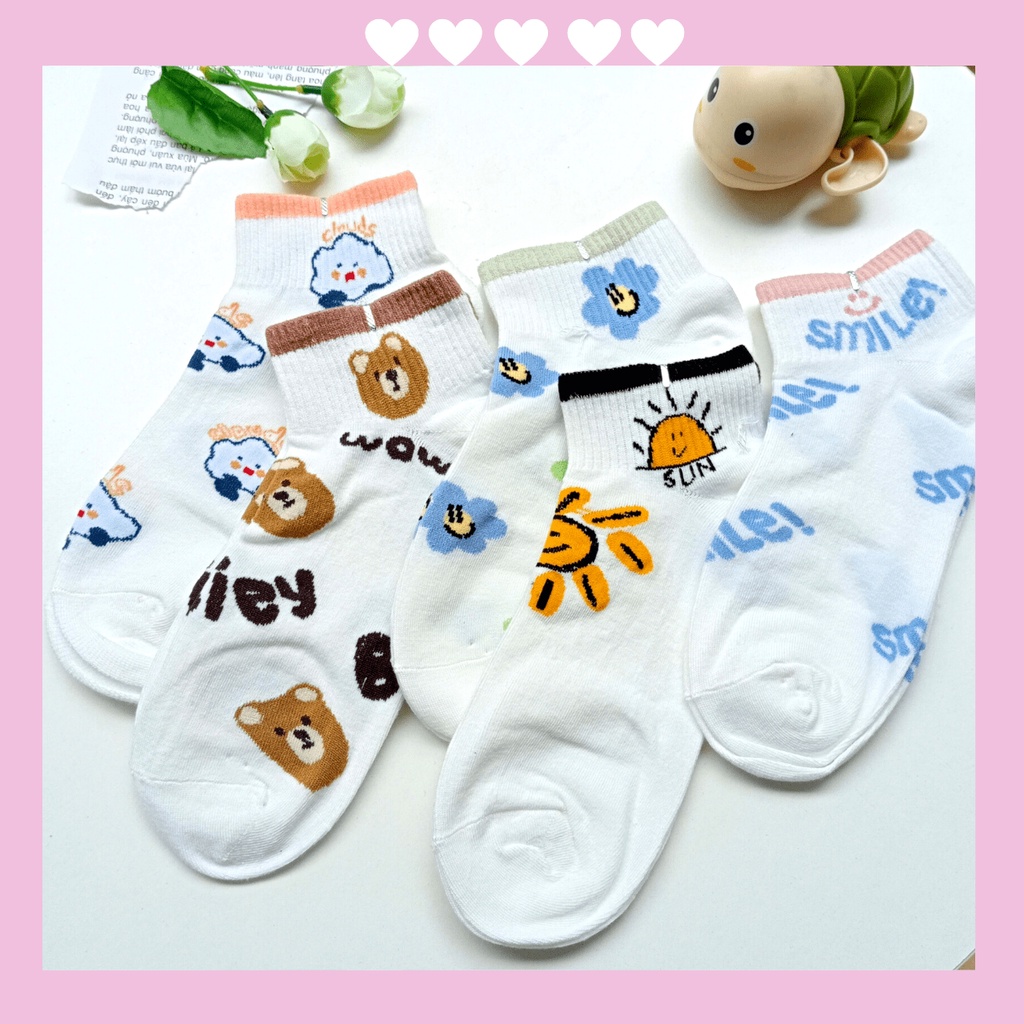 Tất Nữ Cổ Ngắn Cotton Họa Tiết Cute Phong Cách Cute Hàn Quốc Dễ Thương Thoáng Mát Co Giãn 4 Chiều