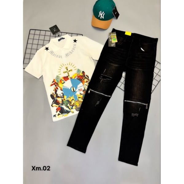 Quần jean nam xanh thêu v2026 rách cá tinh độc