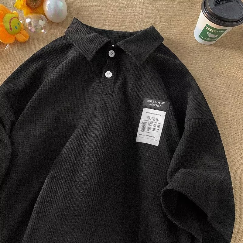 Áo polo Ngắn Tay Form Rộng Thêu Họa Tiết Phong Cách Retro Nhật Bản