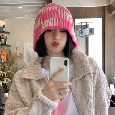 Mũ Bucket Len Dệt Kim Kẻ Sọc Phong Cách Thời Trang Thu Đông Hàn Quốc