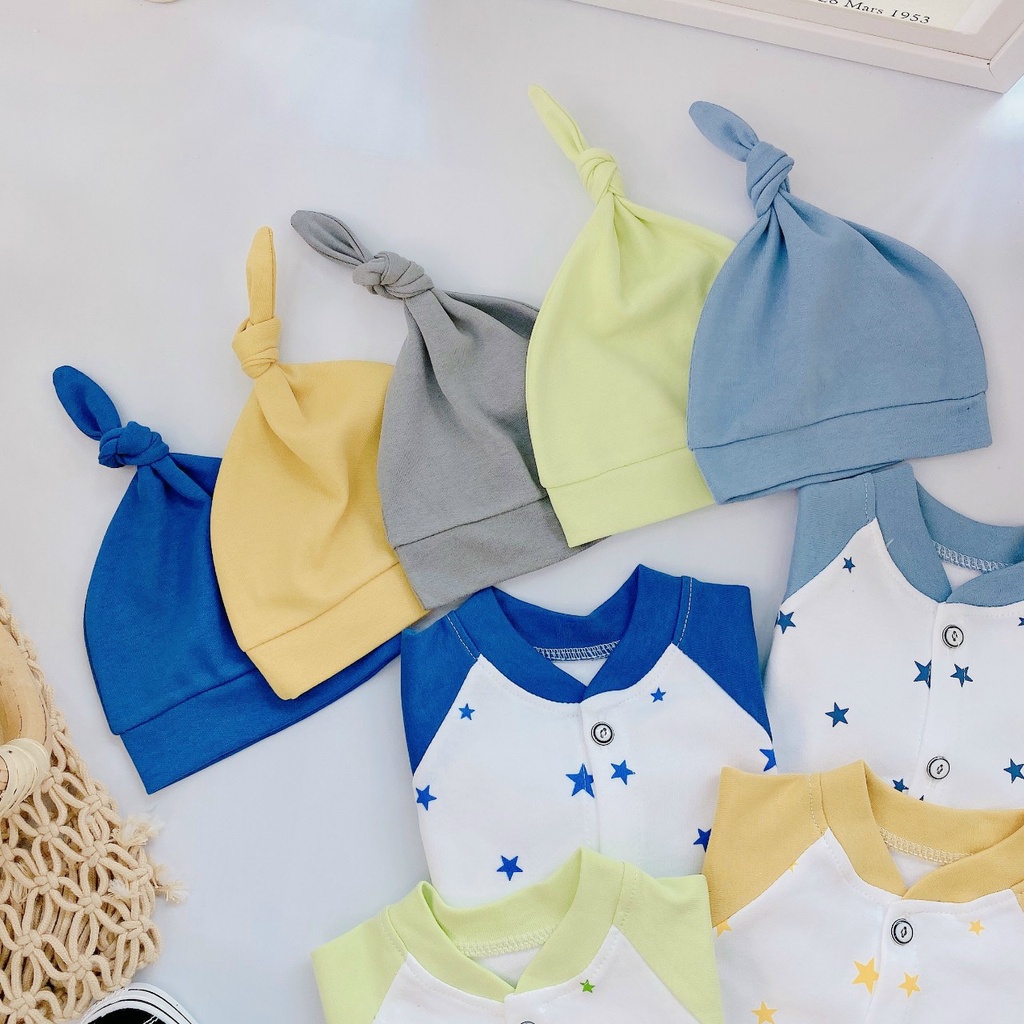 Bộ cotton len sơ sinh dài tay cho bé trai bé gái tặng lèm mũ 3-9kg