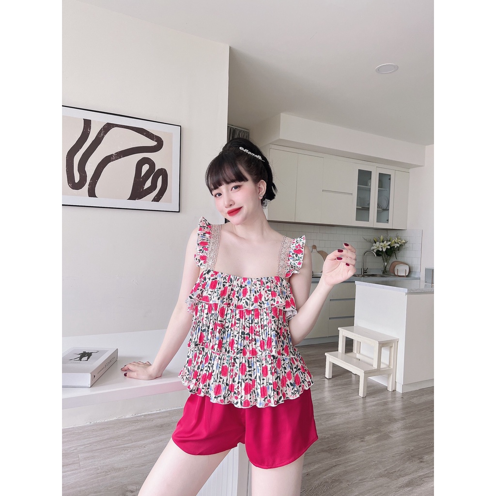 Đồ Bộ Mặc Nhà Nữ Quần Sort + Áo Cánh Tiên Lụa Latin Dập Ly Tầng_Ngân Boutique Đồ Ngủ Pijama