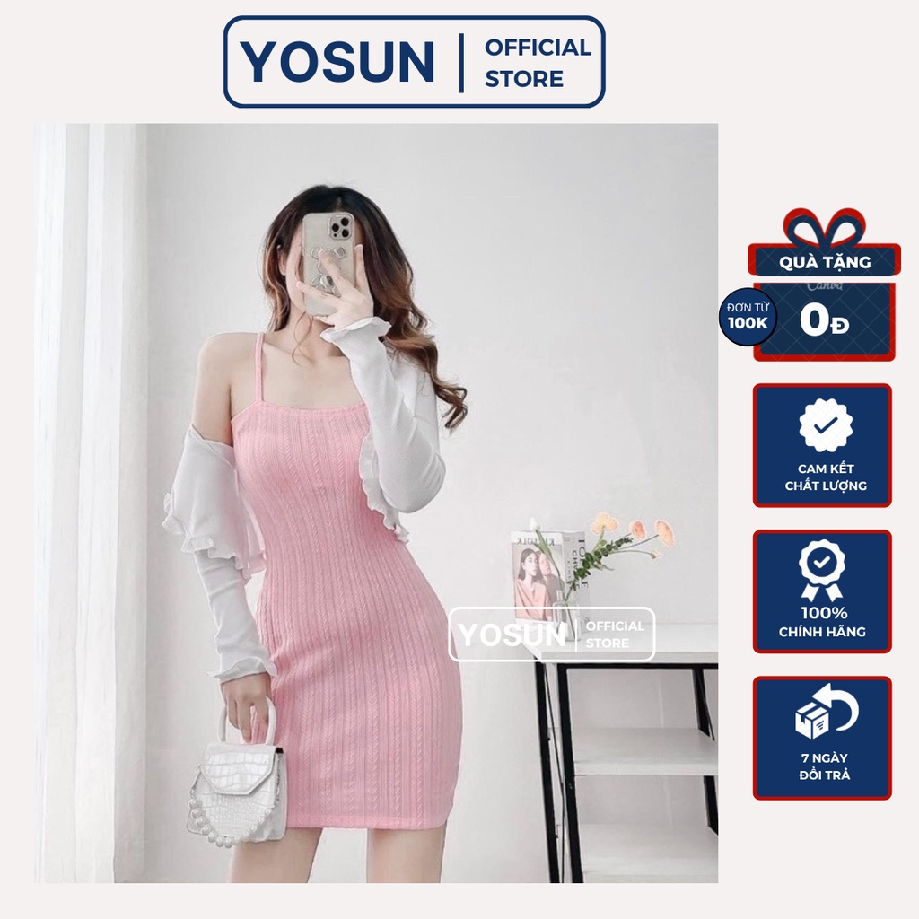 Váy Hai Dây Kiểu Nữ Len Gân Ôm Body Trơn Trẻ Trung, Đầm Form Ngắn Tôn Dáng 4 Màu Trắng Hồng Mint Nude