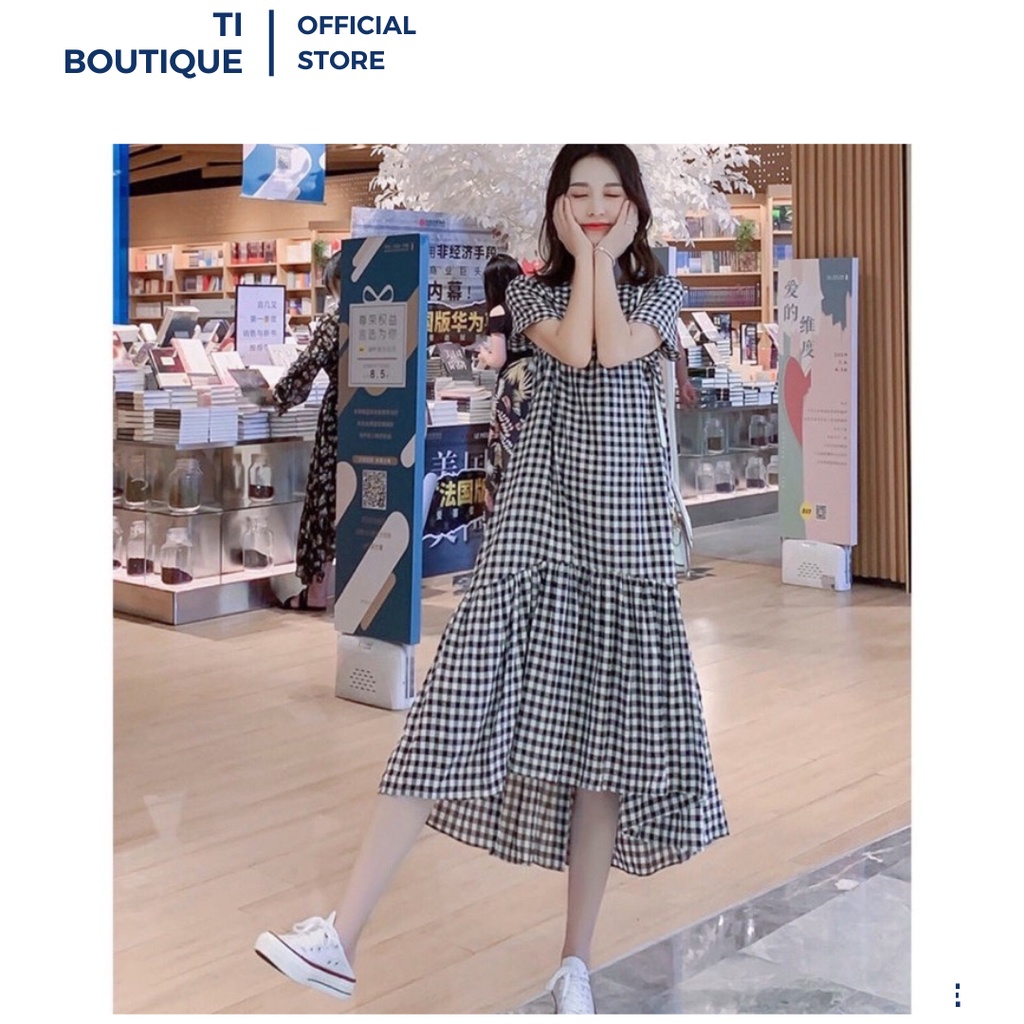 Đầm Xinh Dạo Phố Cổ Tròn Tay Ngắn Năng Động Thoải Mái, Đầm Váy Nữ Dáng Dài Xòe Họa Tiết Caro