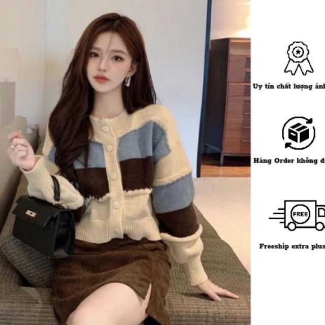 Áo khoác len cardigan croptop phối màu khuy nhựa phong cách hàn quốc hàng QC loại 1
