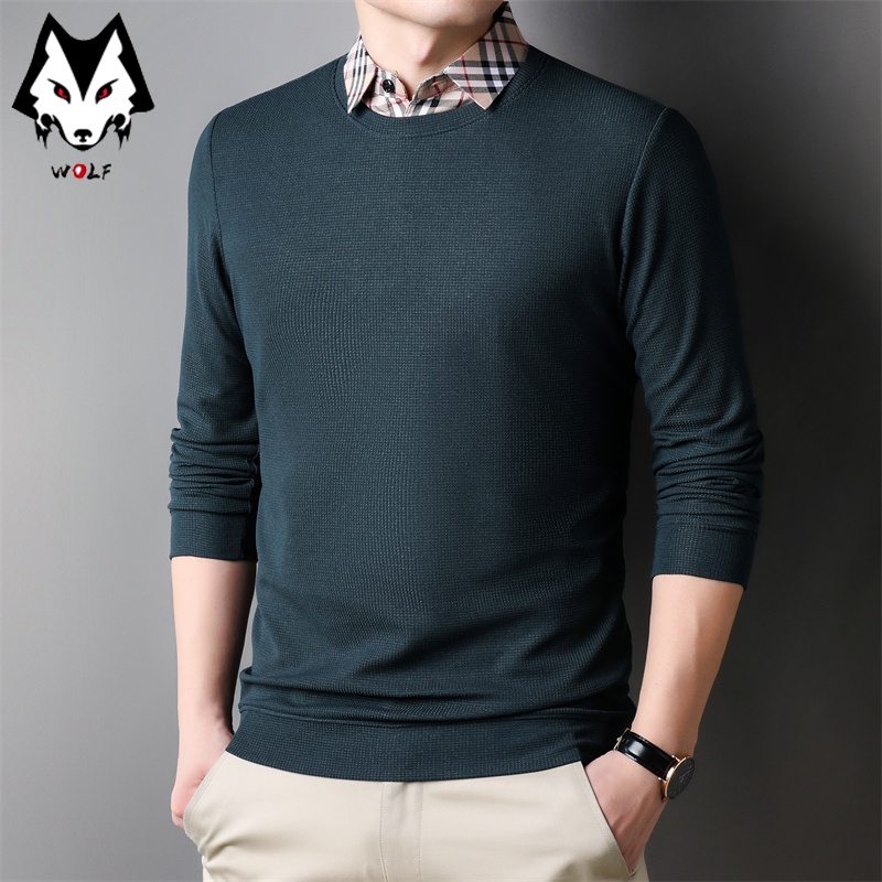 Áo Thun Nam Dài Tay Cổ Tròn Giả Hai Lớp Màu Sắc Thời Trang