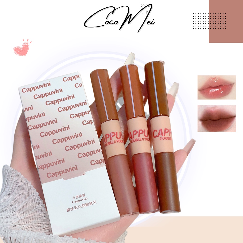 Set 3 thỏi Son kem Cappuvini 2 đầu cấp ẩm mềm môi lên màu tự nhiên CocoMei
