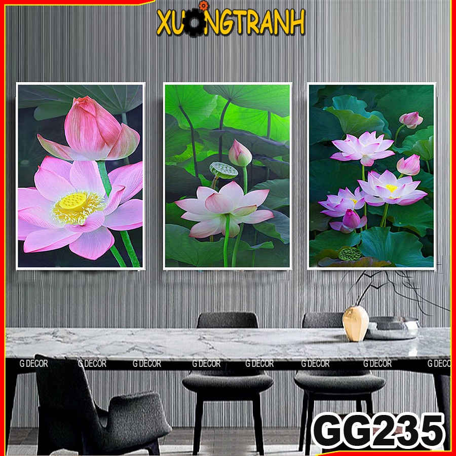 Tranh treo tường canvas 3 bức phong cách Bắc Âu 235, tranh hoa sen trang trí phòng khách, phòng ngủ, phòng ăn, spa