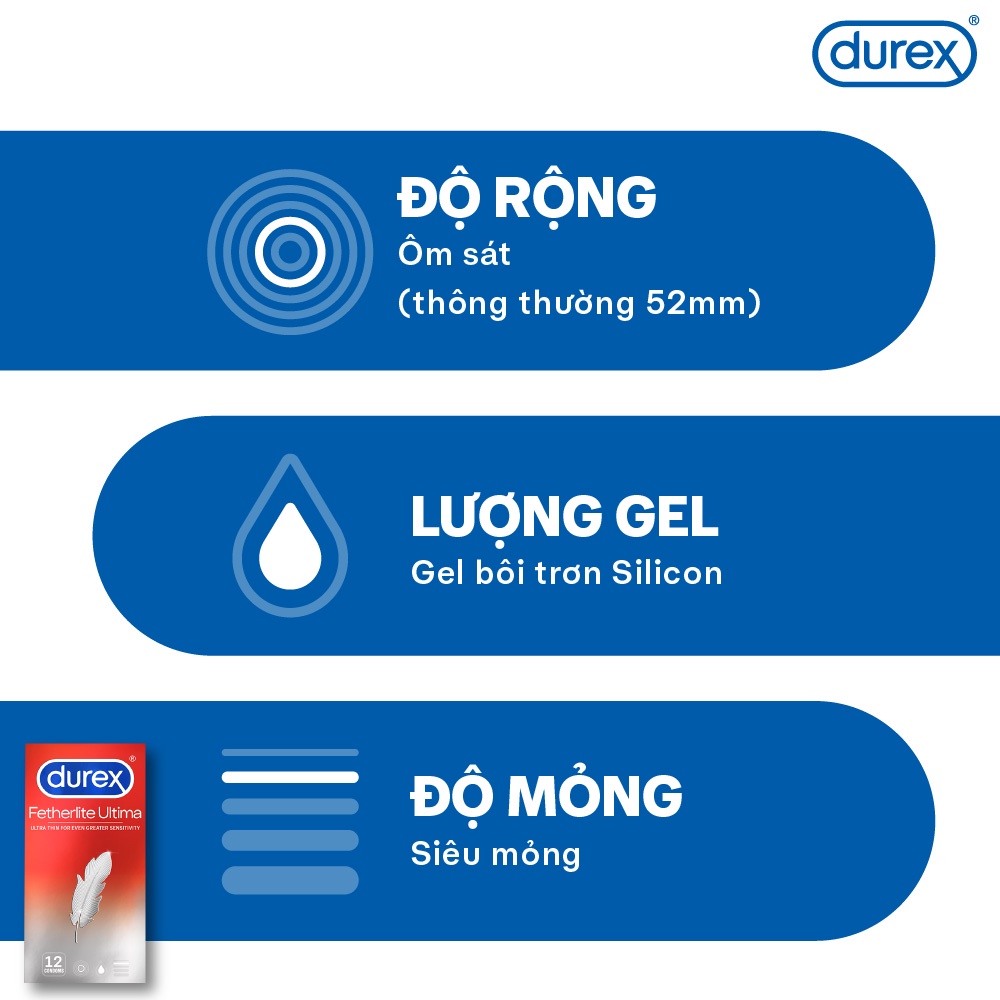 Bộ 2 bao cao su Durex Performa kéo dài thời gian và 1 Durex Durex Fetherlite Ultima siêu mỏng (size 52mm, hộp 12 bao)