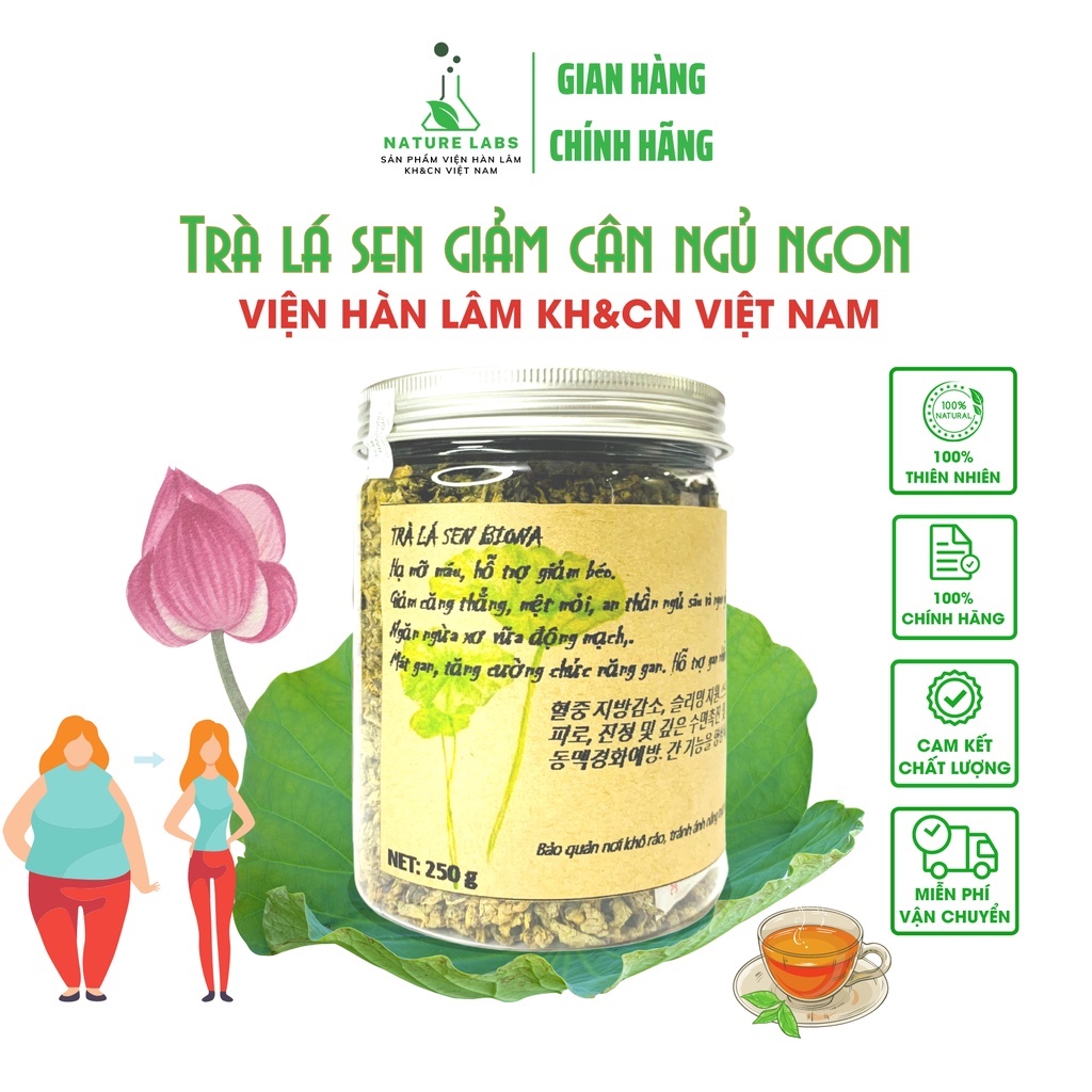 Trà lá sen giảm cân an toàn ngủ ngon mát gan thanh lọc cơ thể Nature Labs Viện Hàn lâm KH&CN Việt Nam, hộp 250g