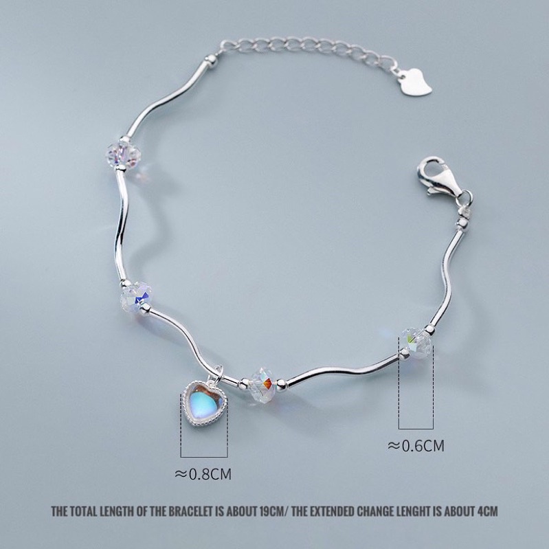 Lắc tay gợn sóng đá moonstone trái tim nhân tạo bạc 925, lắc tay bạc trái tim dây gợn sóng Blackmeo