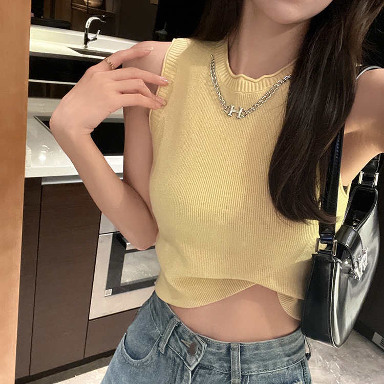 Áo dệt kim SUXI sát nách cổ tròn màu trơn phối dây xích dễ thương