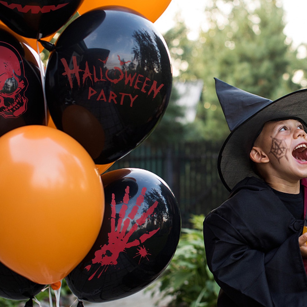 Set 10 Bong Bóng Cao Su Dày 12 Inch Màu Đen In Hình Dấu Tay Xương Trang Trí Tiệc Halloween
