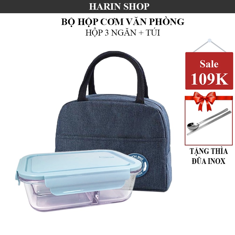 Hộp Cơm Thủy Tinh - Bộ Hộp Cơm Văn Phòng Chia 2- 3 Ngăn Quay An Toàn Trong Lò Vi Sóng Kèm Túi Đựng Giữ Nhiệt
