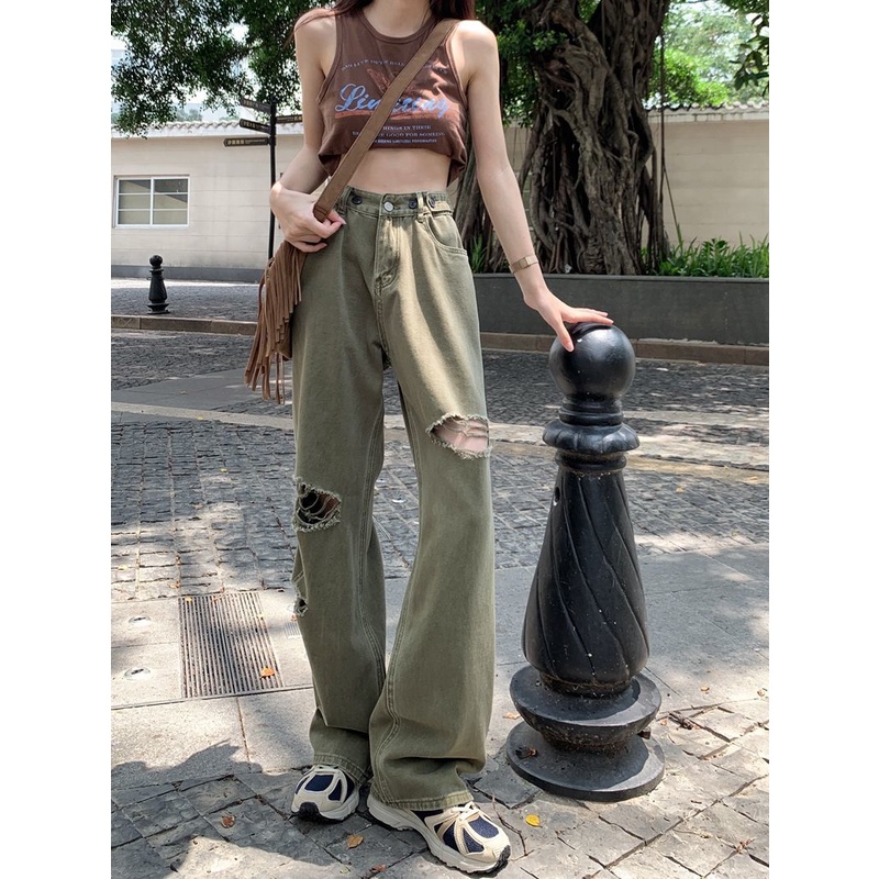 Quần Jean Rách Ống Rộng Lưng Thấp Thời Trang Mùa Hè Mới 2022 Dành Cho Bạn Nữ
