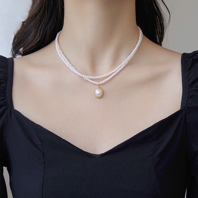 Loại Đẹp Vòng Cổ 2 Lớp Ngoc Trai Nhân Tạo Mặt Oval sang đẹp