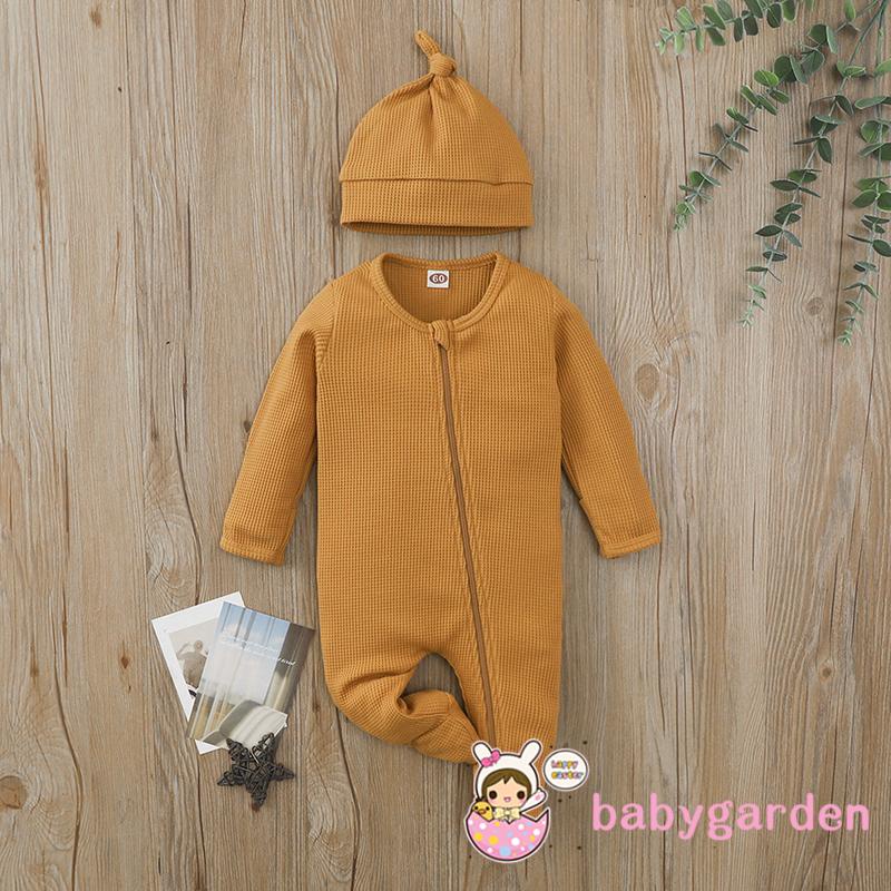 Bộ Áo Liền Quần Tay Dài Cổ Tròn Màu Trơn + Mũ Xinh Xắn Cho Bé 0-24 Tháng Tuổi
