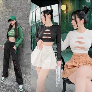 Áo chất tăm croptop dài tay